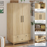 Mxtxmy Armoire Wardrobe Closet with 2 Fluted Doors,64.96" Wooden Clothes Storage Cabinet with Hanging Rod and Shelf Storage,Wardrobe Cabinet with 3 Drawers,Freestanding Closet for Bedroom (Natural) Mxtxmy