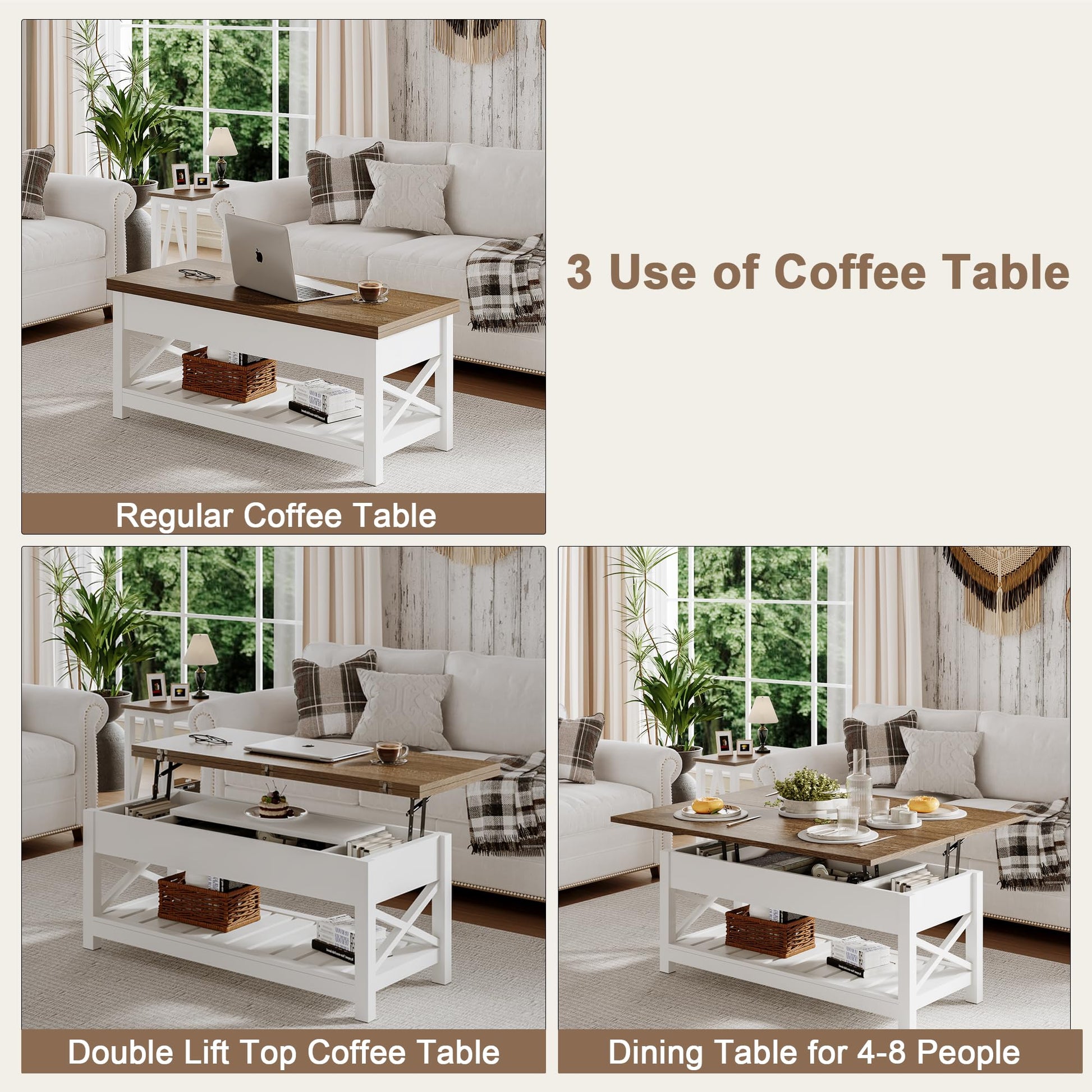 ChooChoo Farmhouse Lift Top Coffee Table, Multi-Function Convertible Coffee Table with Storage and Hidden Compartment, Coffee Table Converts to Dining Table for Living Room, 40 White & Brown - WoodArtSupply