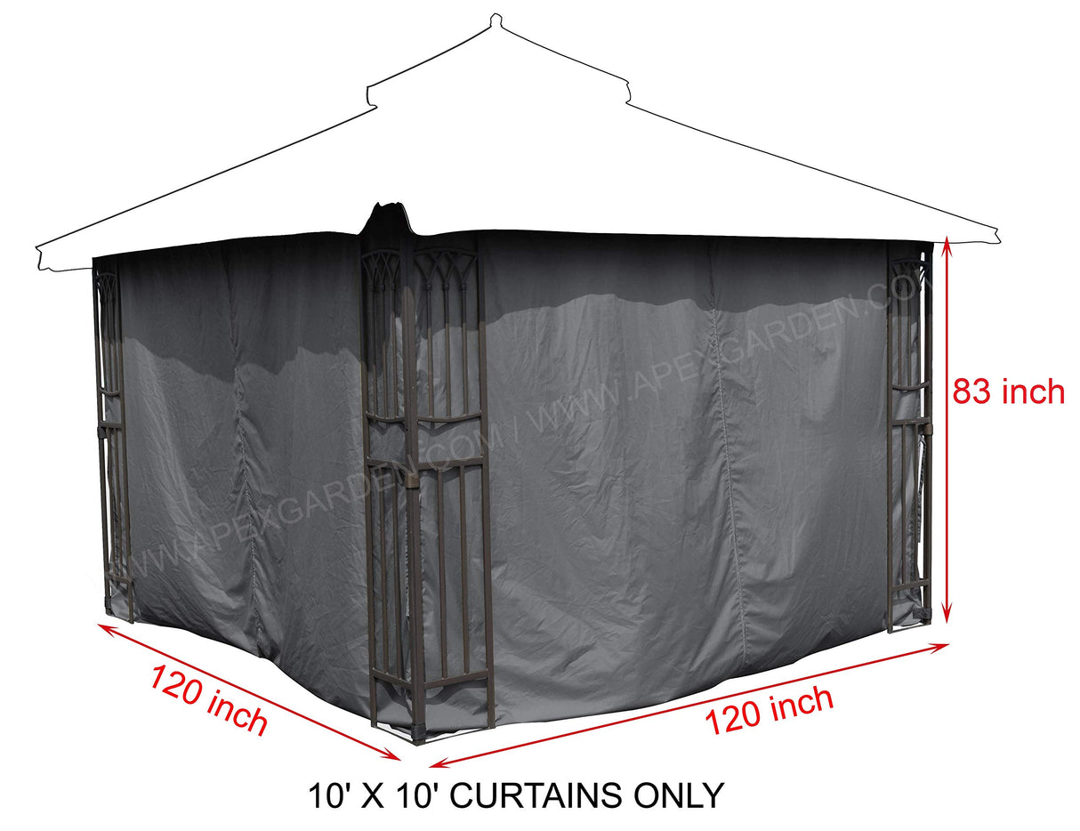 APEX GARDEN Four-Side Privacy Curtain Set for 10-Ft x 10-Ft Gazebo (10-ft x 10-ft, Charcoal) APEX GARDEN