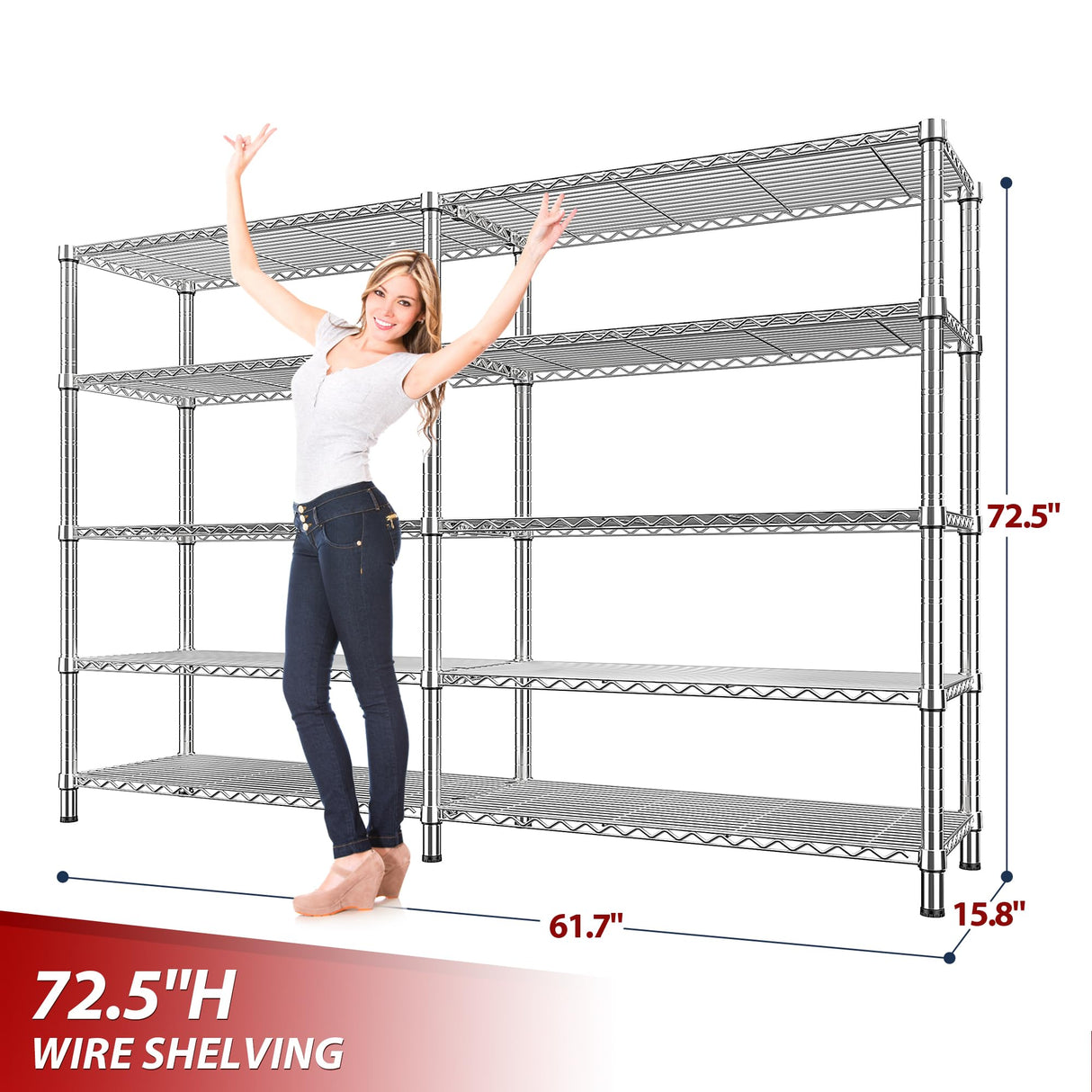 REIBII 1500LBS Storage Shelves 61.7''W Wire Shelving Unit 5 Tier Metal Shelving for Storage Rack Shelves Heavy Duty Garage Shelf Pantry Shelves Kitchen Shelving, 61.7" W*72.4" H*15.8" D, Chrome REIBII