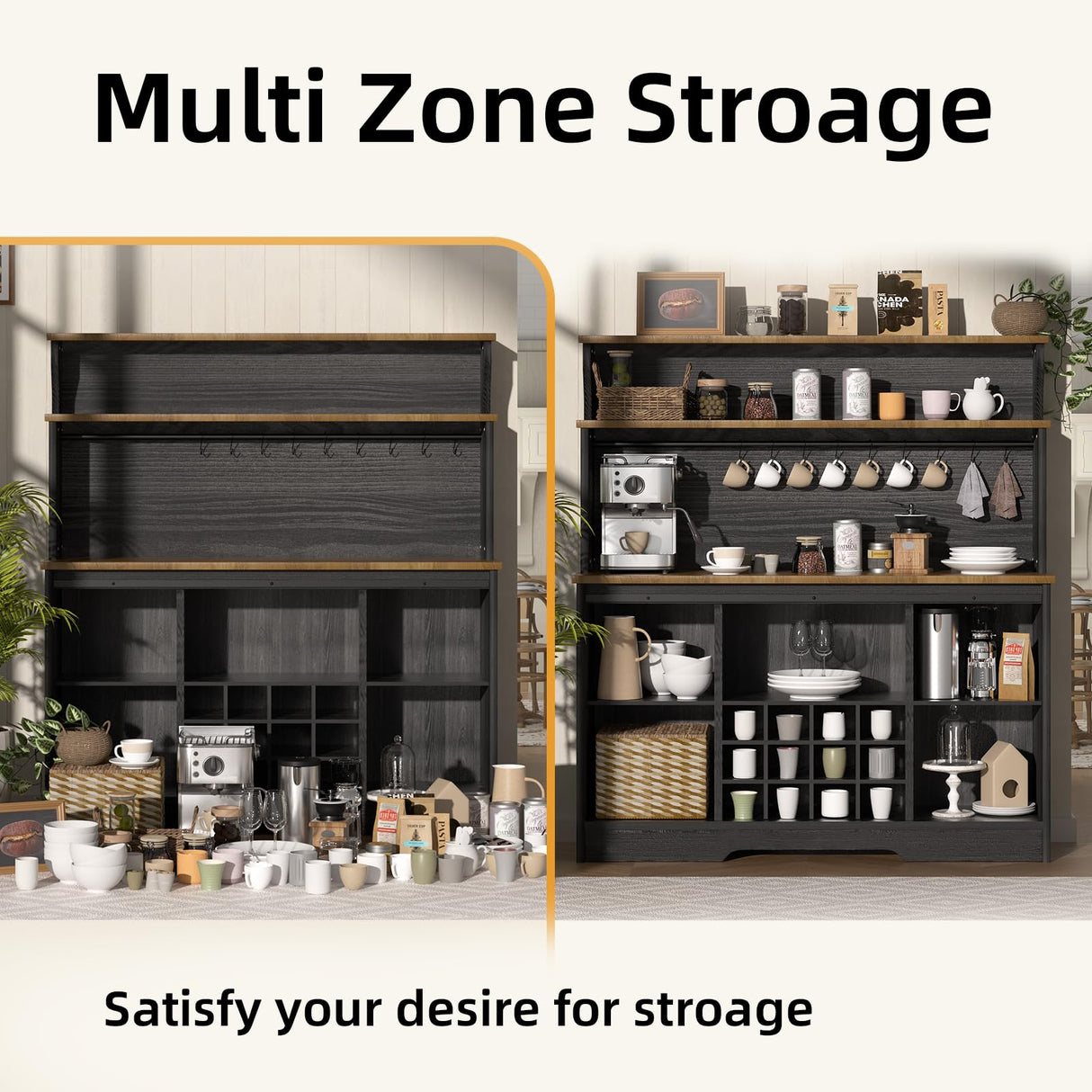 BestHaped 55'' Farmhouse Coffee Bar Cabinet with 3 Tier Storage Hutch, Coffee Bar Station with Sliding Barn Door, Hutch Storage Cabinet with 12 Wine Racks & 9 Hooks for Kitchen Dining Living Room BestHaped