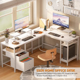 Furologee White 59” L Shaped Desk with Power Outlet, Reversible Computer Desk with File Drawer & 2 Monitor Stands, Corner Home Office Desk with Storage Shelves for Gaming Writing Furologee