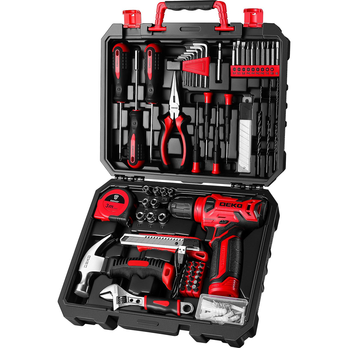 DEKOPRO Drill Set: Tool Set with 8V Red Cordless Drill, Home Tool Kit with Drill, Hand Tool Kits for Women 126 Piece DEKOPRO