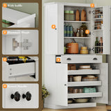 IRONCK Kitchen Pantry Cabinet with Sliding Storage Rack and 6 Hanging Shelves, 72" Height Tall Freestanding Cupboard for Living Room, Dining Room, Laundry, White IRONCK