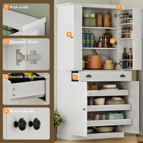 IRONCK Kitchen Pantry Cabinet with Sliding Storage Rack and 6 Hanging Shelves, 72" Height Tall Freestanding Cupboard for Living Room, Dining Room, Laundry, White IRONCK