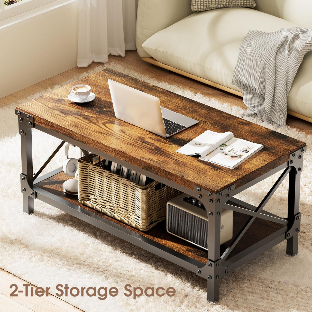 Rectangle Coffee Tables for Living Room, Wood Rectangular Coffee Table, 2 Tier Industrial Modern Center Table with Thickened Tabletop and Metal Frame, 40 inch Long (Rustic Brown) AntsandAnts
