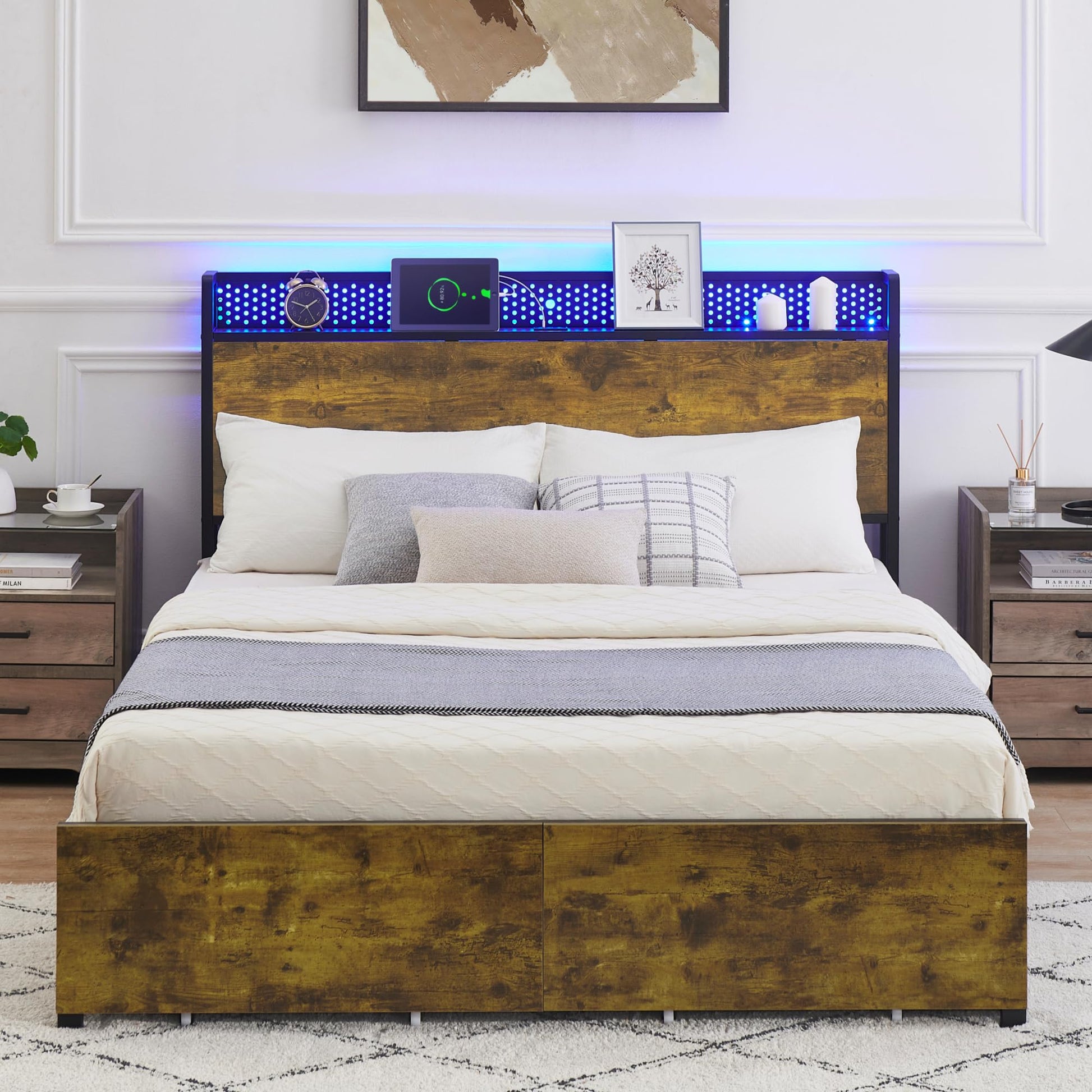 IDEALHOUSE Vintage Brown Queen Bed Frame with LED, Charging Station, and 6 Storage Drawers - WoodArtSupply