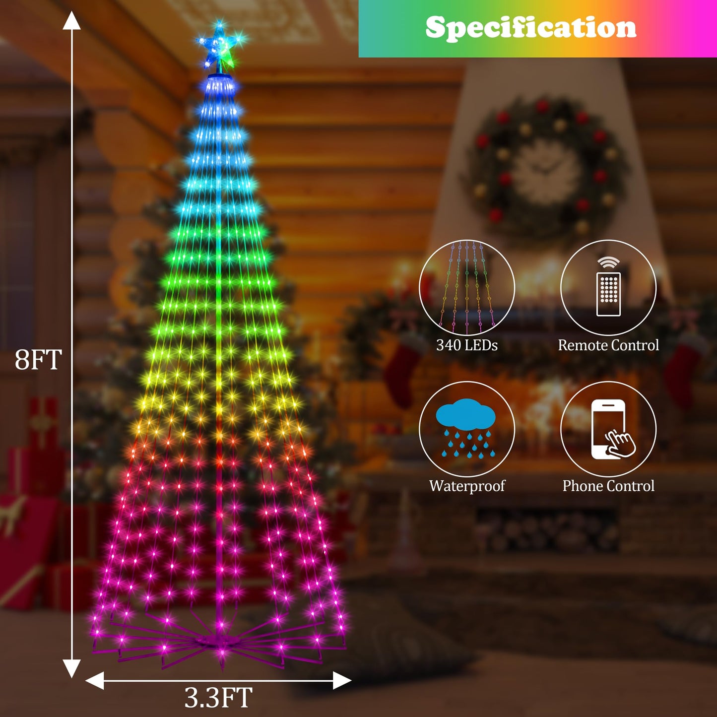 Holaurora 8FT Lighted Outdoor Christmas Tree, 340 LED Smart Cone Tree, Music Sync RGB Fairy Lights, LED Light Show, APP and Remote Control, Timer Function, Perfect for Outdoor Christmas Decorations