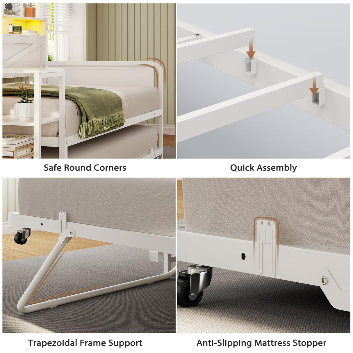 VIAGDO Daybed Twin with Pop Up Trundle, Farmhouse Wooden Day Bed Frame with 3 Storage Drawers and Shelves, Twin to King Daybed with Charging Station and LED Lights for Bedroom, Guest Room, White VIAGDO