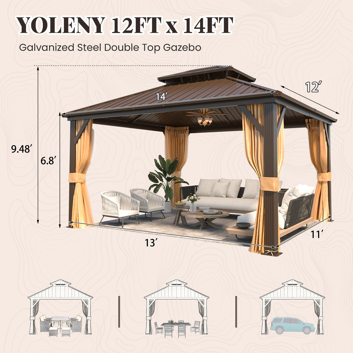 YOLENY 12' x 14' Gazebo, Hardtop Gazebo with Aluminum Frame, Double Galvanized Steel Roof, Curtains and Netting Included, Metal Gazebos Pergolas for Patios, Garden, Parties, Lawns YOLENY