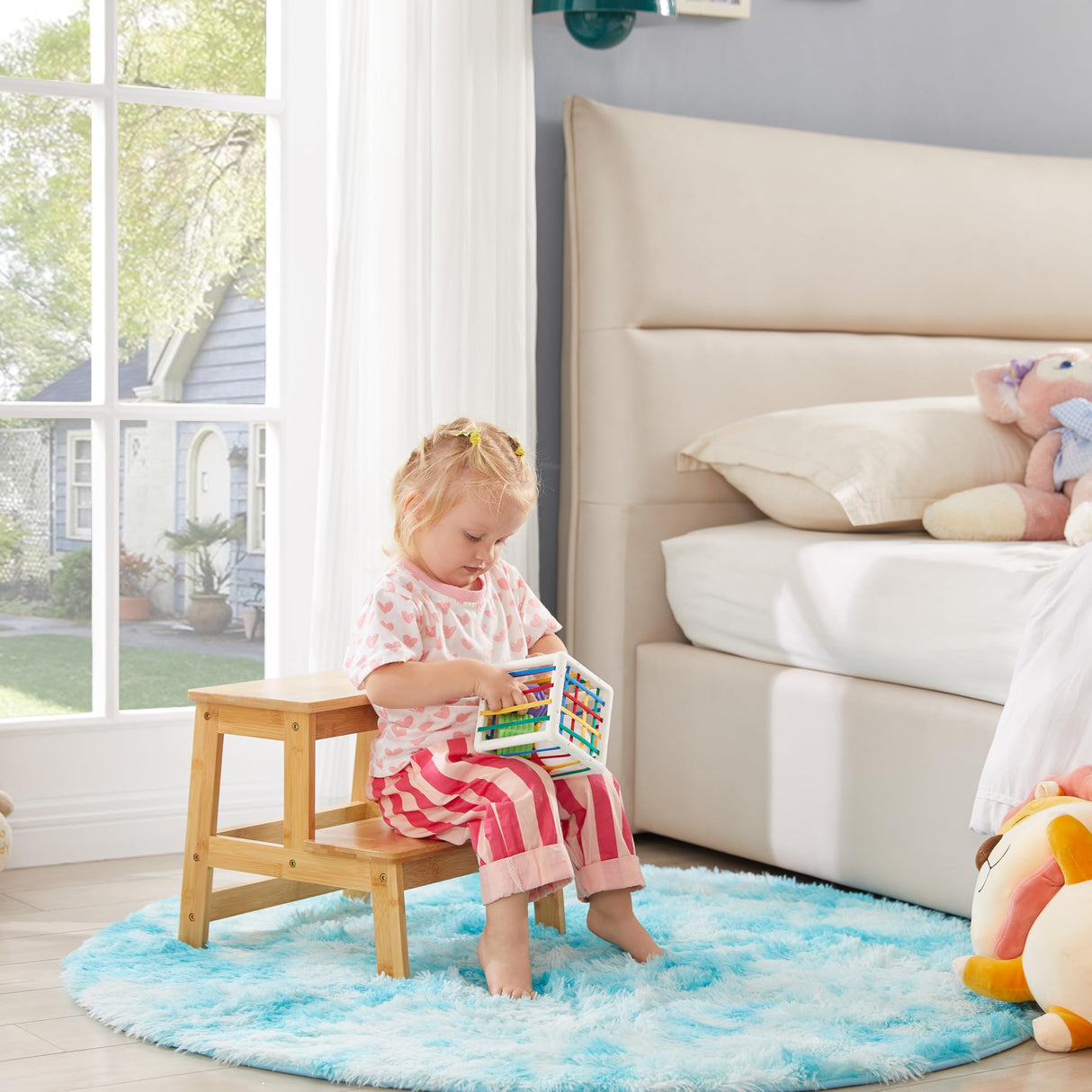 Bamboo Step Stools for Adults Kids, 2 Step Stool for Kichen/Bathroom/Bedside Step Stool - Holds up to 350Lb (Natural) Kovhzcu