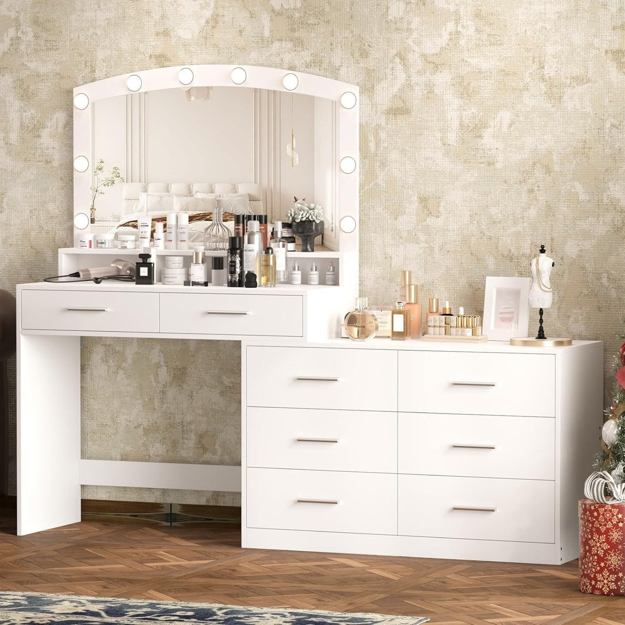 Irontar Vanity Desk with Large Mirror and 3-Color Lights, Makeup Vanity with 8 Drawers & Open Shelf, Side Cabinet with Width Adjustable, Makeup Table for Women, White WDT007W Irontar