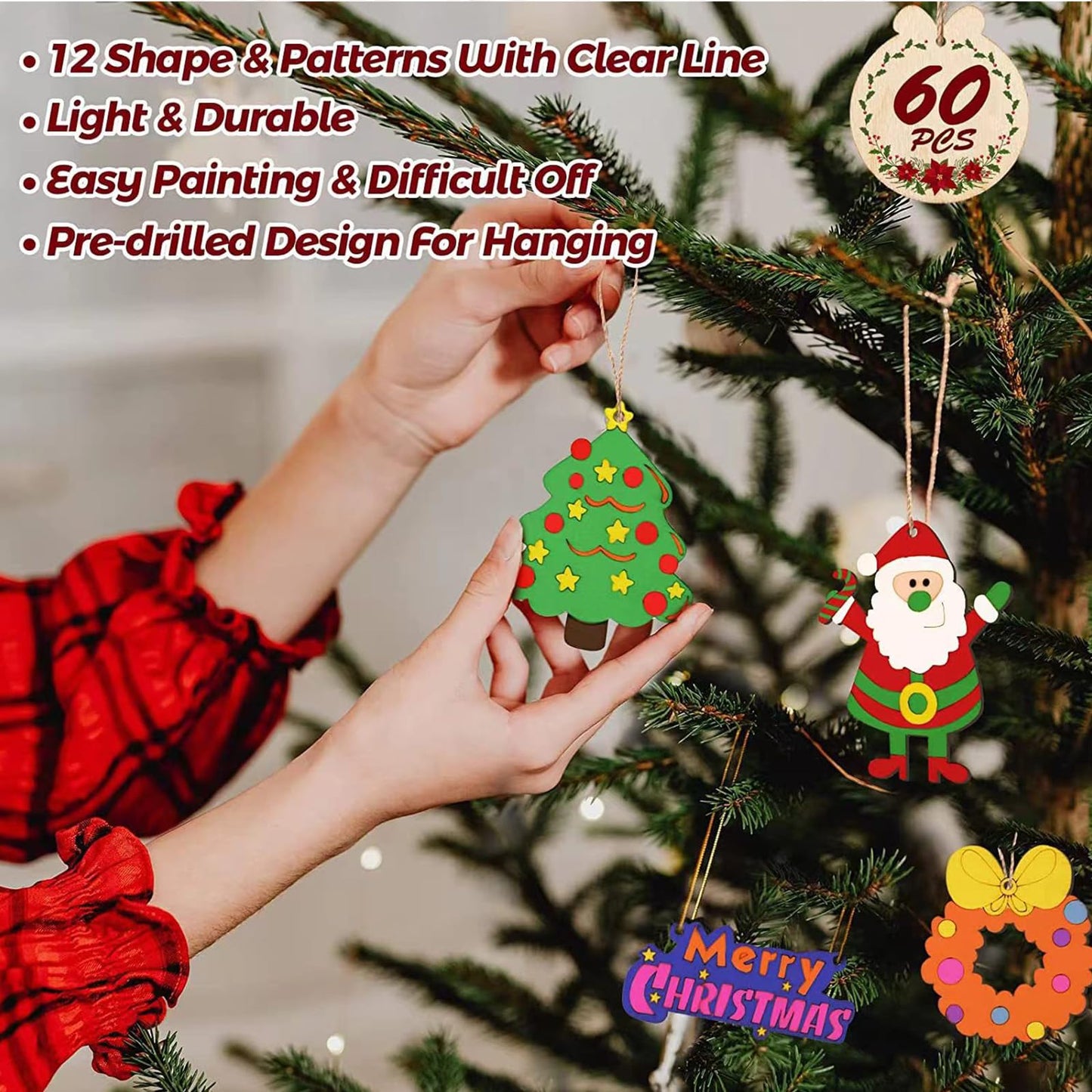 YUANDJO 60PCS Christmas Crafts for Kids, Wooden Christmas Ornaments Unfinished Wood Slices with 12 Styles, DIY Christmas Ornaments Painting Kit for Kids Decoration Tree (Christmas 60 Pcs)