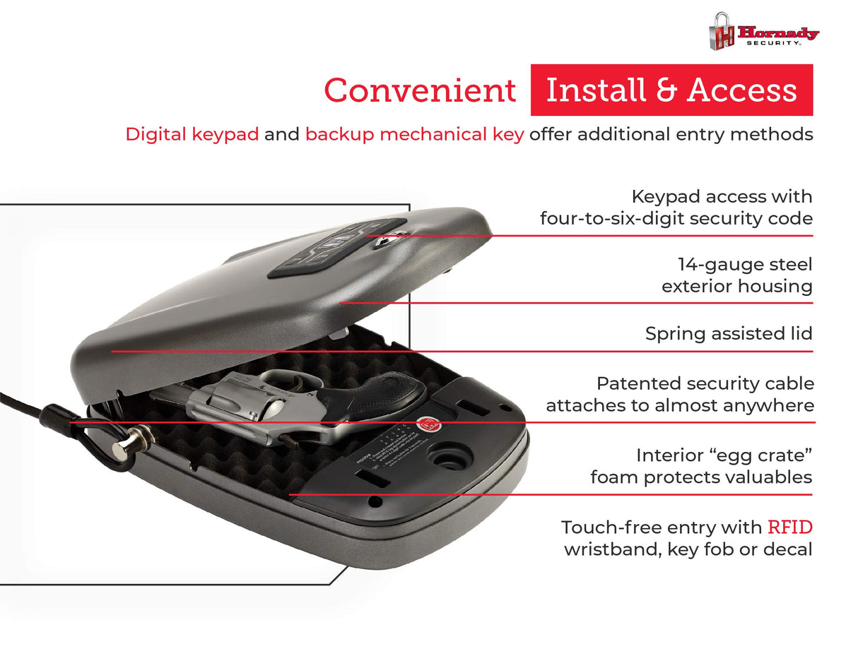 Hornady Rapid Safe 2600 KP – Portable Gun Safe for Firearms – RFiD Safe for Fast, Multiple Method Entry – Includes Rapid Safe, RFiD Wristband, Key Fob, 2 Decals, 2 Barrel Keys and Security Cable Hornady