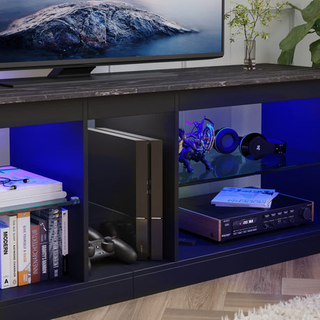 Bestier Entertainment Center LED Gaming TV Stand for 55+ Inch TV Adjustable Glass Shelves 22 Dynamic RGB Modes TV Cabinet Game Console PS4, Black Marble Bestier