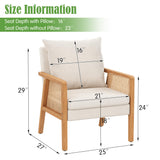 Awonde Ivory Accent Chair Linen Mid Century Modern Upholstered Living Room Chairs with Natural Rattan Arms Bedroom Reading Armchair Awonde