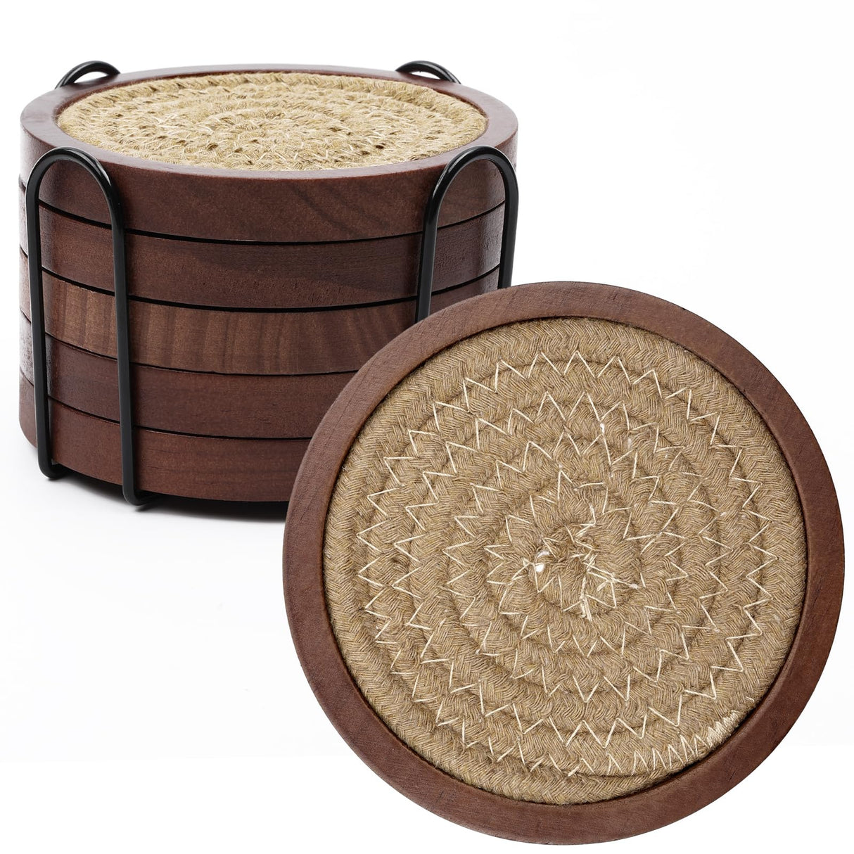Mckanti 5 Pack Wood Coasters for Drinks with Cotton Coasters Insert, Wooden Coasters with Holder for Coffee Table Decor, Absorbent Coasters for Kinds of Cups, 4.3 Inches Mckanti