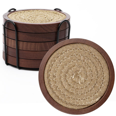 Mckanti 5 Pack Wood Coasters for Drinks with Cotton Coasters Insert, Wooden Coasters with Holder for Coffee Table Decor, Absorbent Coasters for Kinds of Cups, 4.3 Inches Mckanti