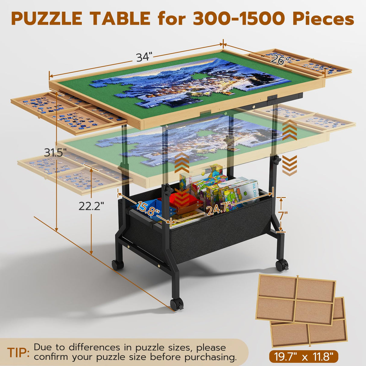 upvercy Large Puzzle Table with 2 Drawers for 300-1500 Piece Puzzles - Rolling Puzzle Table with Adjustable Height & Angle, Puzzle Board with Felt, Cover, Storage Drawer for Adults upvercy