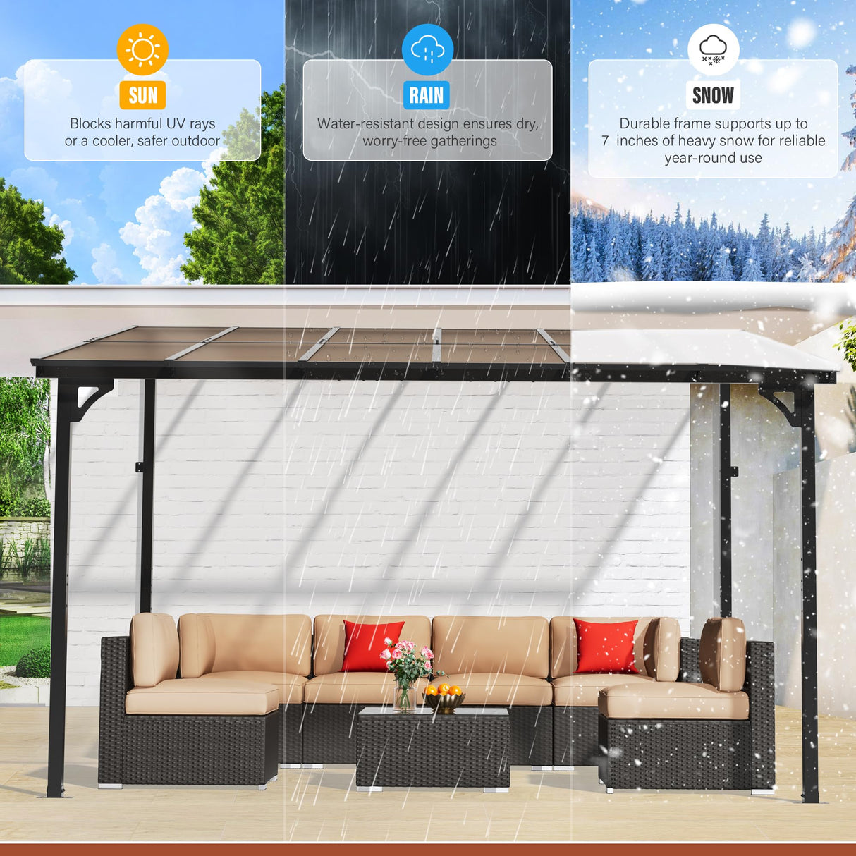 Oakcloud 10' x 12' Outdoor Wall Mounted Gazebo, Patio Lean to Gazebo Pergola with Sloped Roof, Large Heavy Duty Awning for Patio, Backyard, Deck Oakcloud