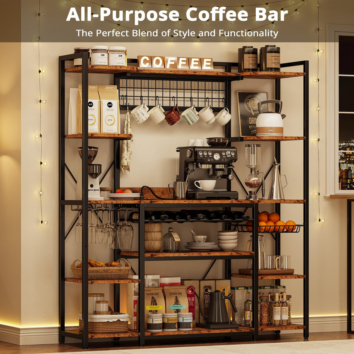 IRONCK Large Bakers Rack with Power Outlet, 62 Inch Wide Microwave Stand, Coffee Bar with Storage, Kitchen Racks and Shelves IRONCK