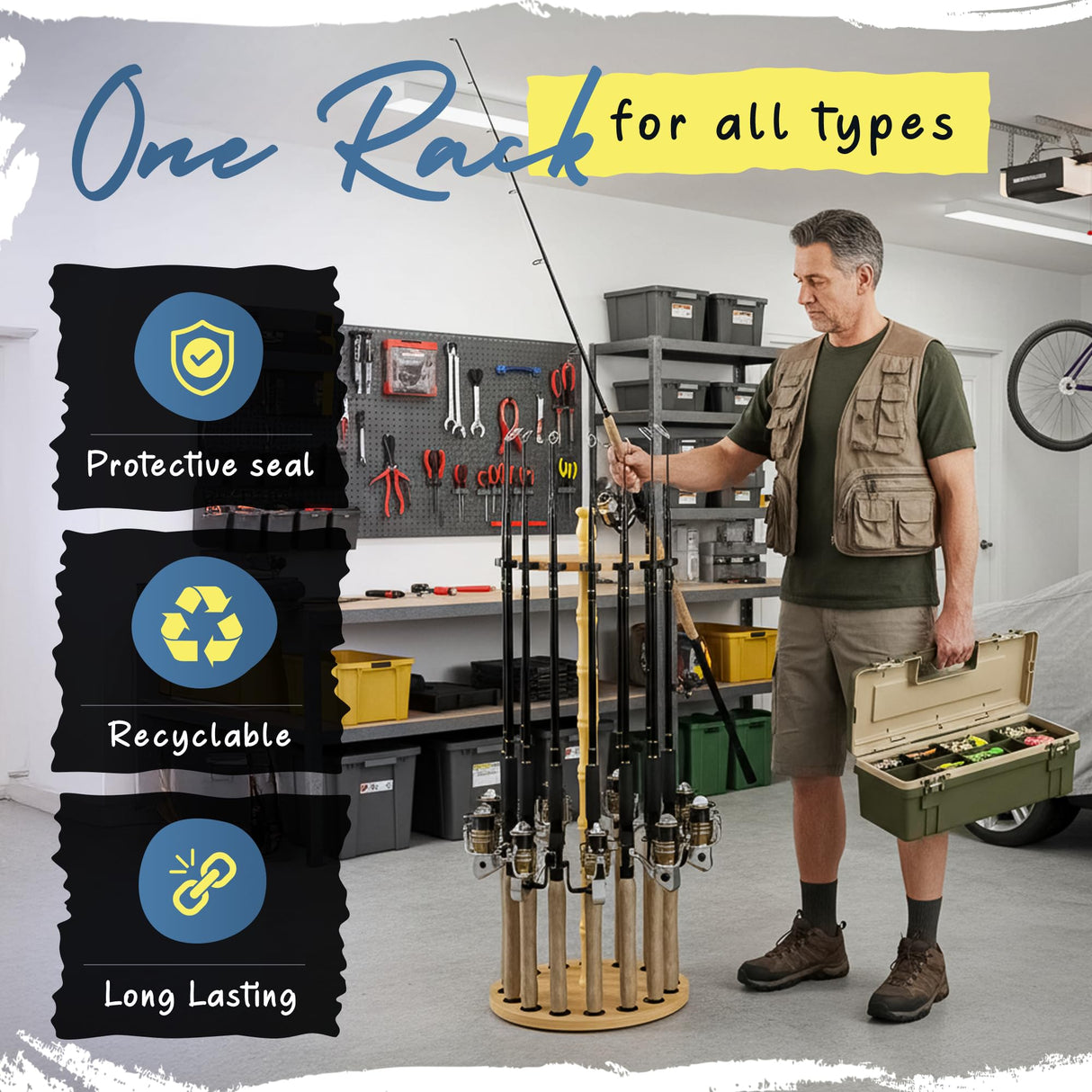 Rush Creek Creations Round 16 Fishing Rod Storage Rack - Features Traditional Handcrafted Wood Post - No Tool Assembly, Wood Grain Laminate Rush Creek Creations