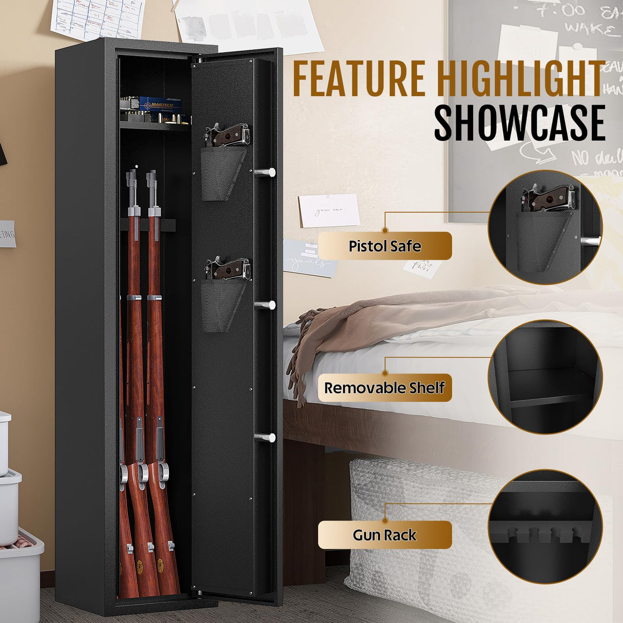 KAER 2-3 Gun Safe, 52''Height Gun Safe for Rifles and Pistols, Metal Safe, Rifle Safes for Home, Gun Safes with Adjustable Gun Rack KAER