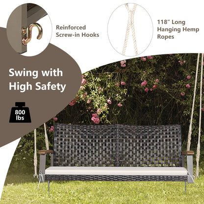 RELAX4LIFE 2-Seater Outdoor Porch Swing - PE Wicker Porch Loveseat Swing with 118” Hanging Ropes, Comfortable Cushion & Acacia Wood Armrests, Hanging Swing Bench for Porch, Garden, Yard (Off  - WoodArtSupply