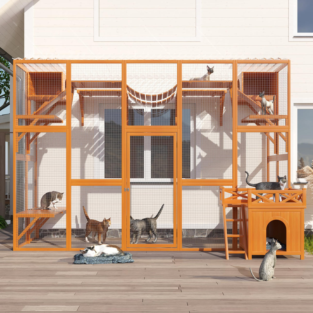 118" Large Wooden Window Catio Outdoor Cat Enclosure Walk in Cat Cage Kitten Playpen Patio with Weatherproof Roof, 6 Platforms, 2 Bouncy Bridges and 2 Resting Houses MegaChoice