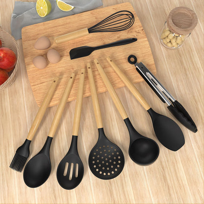 Silicone Cooking Utensils Set Utensil Sets - 446°F Heat Resistant Silicone Kitchen Utensils Set Wooden Handles, Silicone Utensils for Cooking w Holder for Non-Stick Cookware BPA FREE (Black)