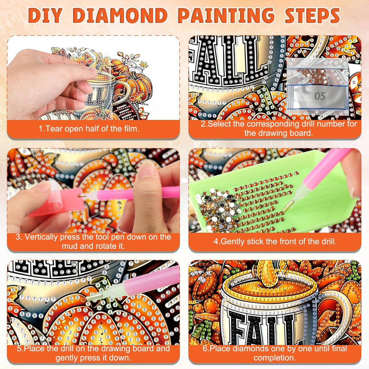 DOMROM Fall Diamond Art Hanging Pendant, DIY Pumpkin Diamond Art Painting Window Pendants, Special Shaped Rhinestone, Gem Art Suncatchers Painting Window Ornament for Home Garden Wall Decor DOMROM