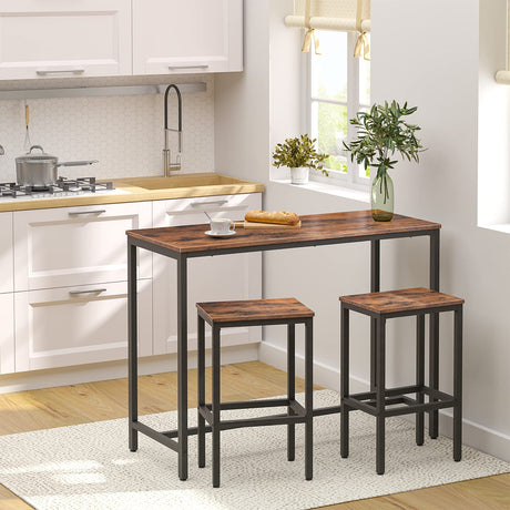 HOOBRO Bar Table and Chairs Set, 47.2” Rectangular Pub Table with 2 Stools for Small Space, High Top Table, 3-Piece Breakfast Table Set, Sturdy Metal Frame, Easy to Assemble, Rustic Brown BF52BT01 HOOBRO