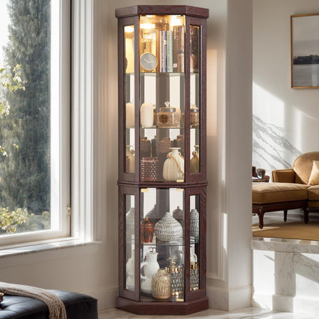 Eyisean 70" Lighted Glass Corner Curio Cabinet, Display Cabinet with Elegant Tempered Glass Door, China Cabinet with Light Bulb, Mirrored Back Panel, Rack for Living Room Storage(Dark Cherry) Eyisean