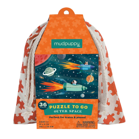 Mudpuppy Outer Space Puzzle to Go, 36 Pieces, 12”x9” – Great for Kids Age 3+ - Colorful Illustrations of Rockets in Space – Packaged in Travel-Friendly Drawstring Fabric Pouch – Perfect for Planes Mudpuppy
