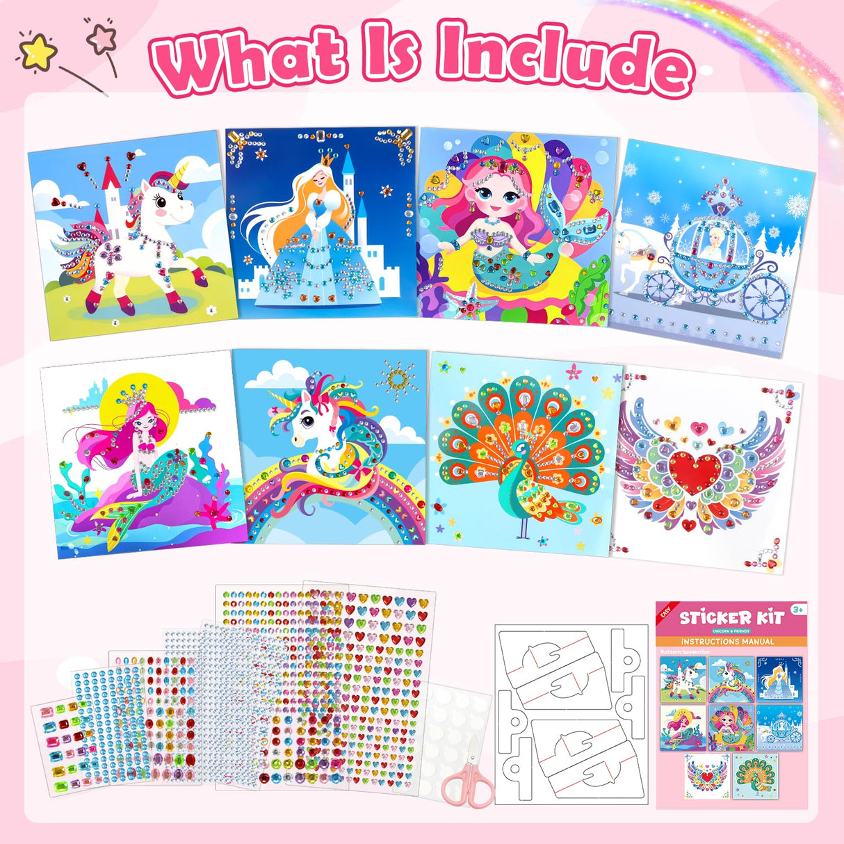 Gem Art Sticker Kit, Arts and Crafts for Kids Age 4-12, 8 Unicorn Princess Themes Diamond Art Kit, Gemstone Sticker Crafts Christmas Birthday Gifts for Girls Ages 4,5,6,7,8 Year Old (Unicorn) Fortand