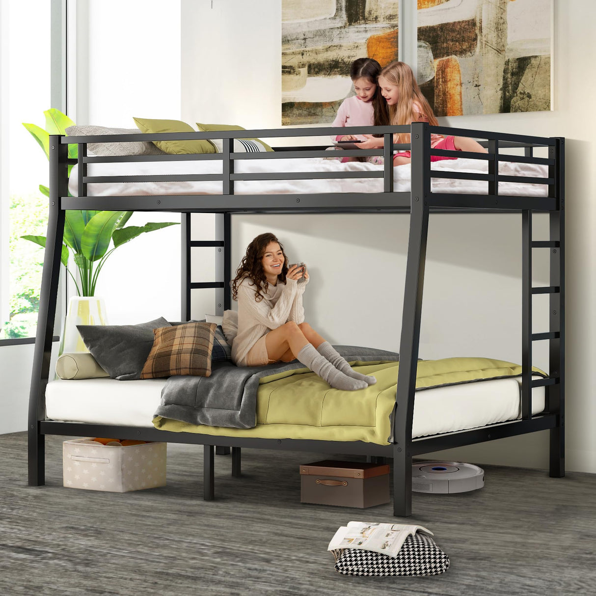 MJQFVM Full XL Over Queen Bunk Bed with 2 Ladders for Adults, Heavy Duty Metal Frame & Full Guardrails, Reinforced No-Sag Metal Slats, Space Saving for Guest Room, Dorm, Kids Bedroom, Black MJQFVM