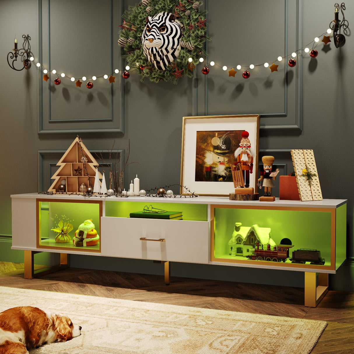 Bestier TV Stand with LED Light for TVs up to 80 inch, Modern Entertainment Center with Open Storage and Half-Glass Design Drawer, High Gloss Media Console Table for Living Room Bedrom, White and Gold Bestier