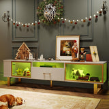 Bestier TV Stand with LED Light for TVs up to 80 inch, Modern Entertainment Center with Open Storage and Half-Glass Design Drawer, High Gloss Media Console Table for Living Room Bedrom, White and Gold Bestier