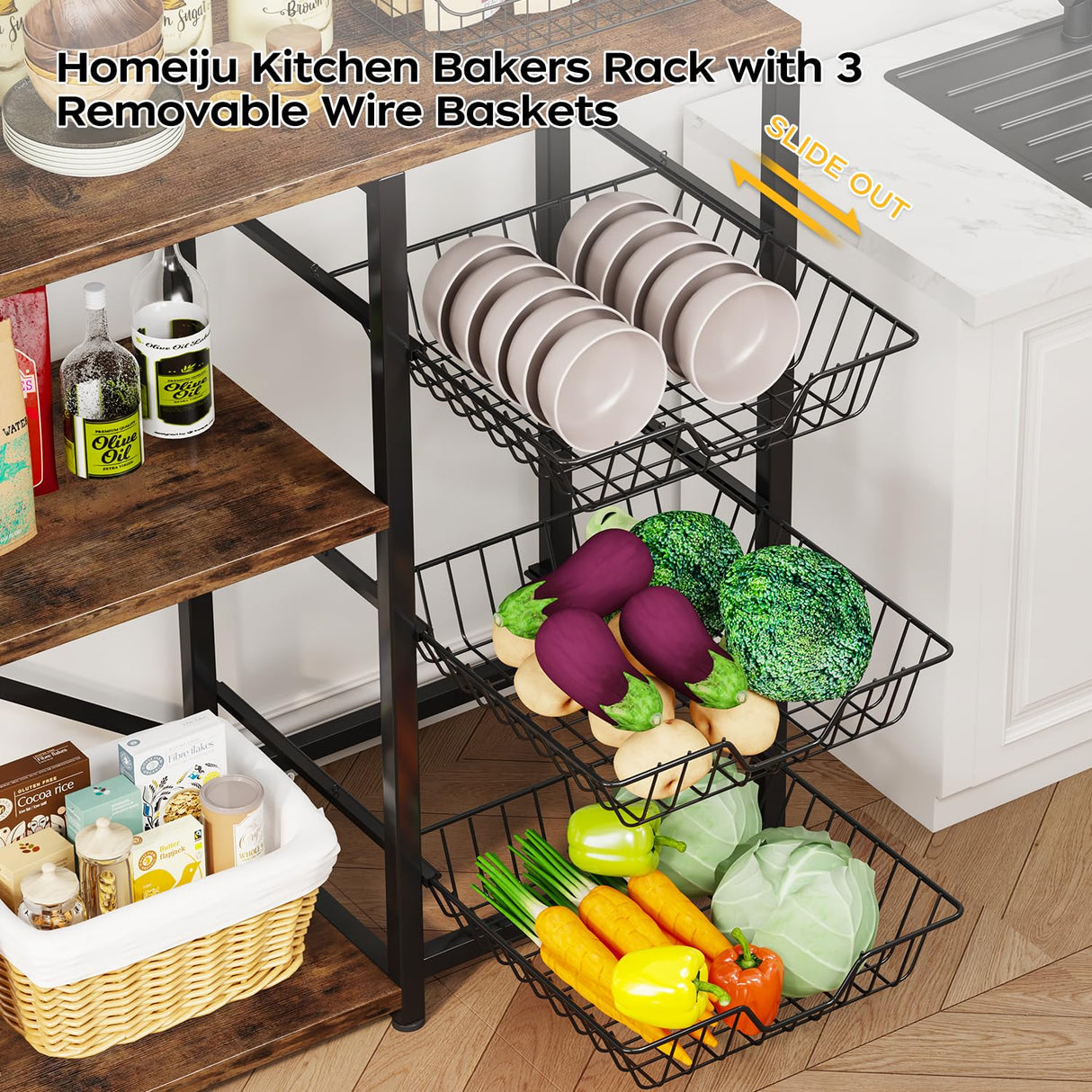 Homeiju Kitchen Island, Baker's Rack with Power Outlet, Microwave Stand, Coffee Bar with 3 Removable Wire Baskets, Kitchen Storage Rack with 6 S-Hooks for Spices, Pots and Pans - Rustic Brown Homeiju