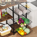 Homeiju Kitchen Island, Baker's Rack with Power Outlet, Microwave Stand, Coffee Bar with 3 Removable Wire Baskets, Kitchen Storage Rack with 6 S-Hooks for Spices, Pots and Pans - Rustic Brown Homeiju