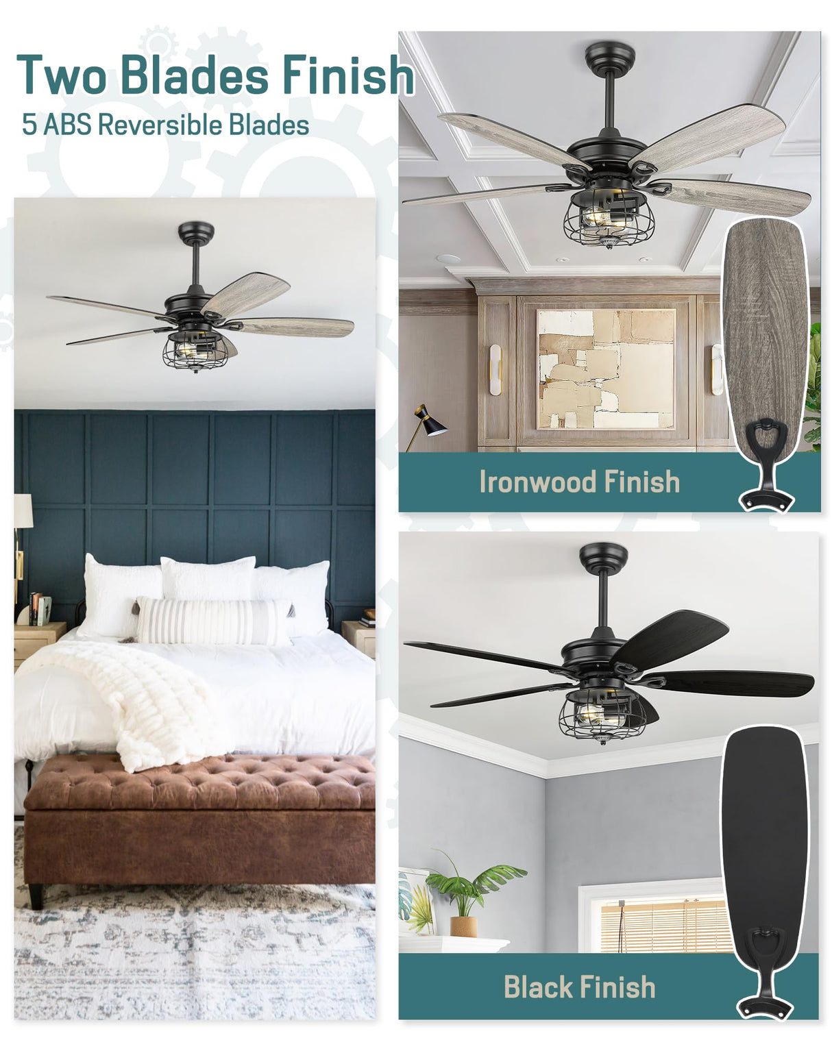 Farmhouse Ceiling Fan, 52Inch Ceiling Fans with Lights and Remote Control, Rustic Barnwood Blades, Industrial Cage Light, Matte Black, MK03-BK Melkelen