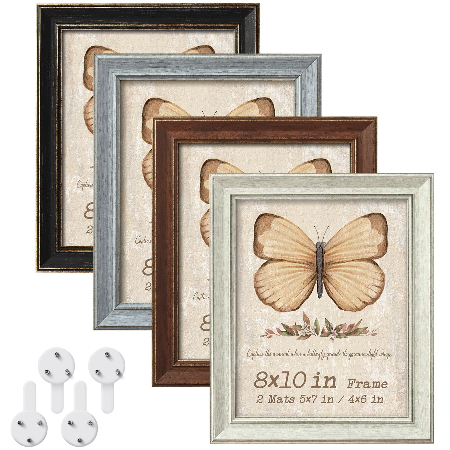 8x10 Picture Frame Set of 4 with 2 Mats, Rustic Farmhouse Photo Frame with Tempered Glass, Distressed Vintage Frame 4x6 & 5x7 with Mat or 8x10 without Mat for Wall or Tabletop Display Home Office Gift