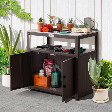 Feasto Garden Potting Bench with Storage Cabinet,Outdoor Gardening Table & Work Bench for Plants, Horticulture,Outdoor Workstation with Stainless Steel Tabletop,Outdoor Work Table Feasto