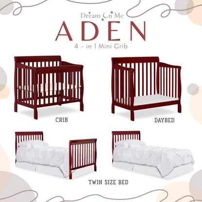 Dream On Me Aden 4-in-1 Convertible Mini Crib In Cherry, Greenguard Gold Certified, Non-Toxic Finish, New Zealand Pinewood, With 3 Mattress Height Settings - WoodArtSupply