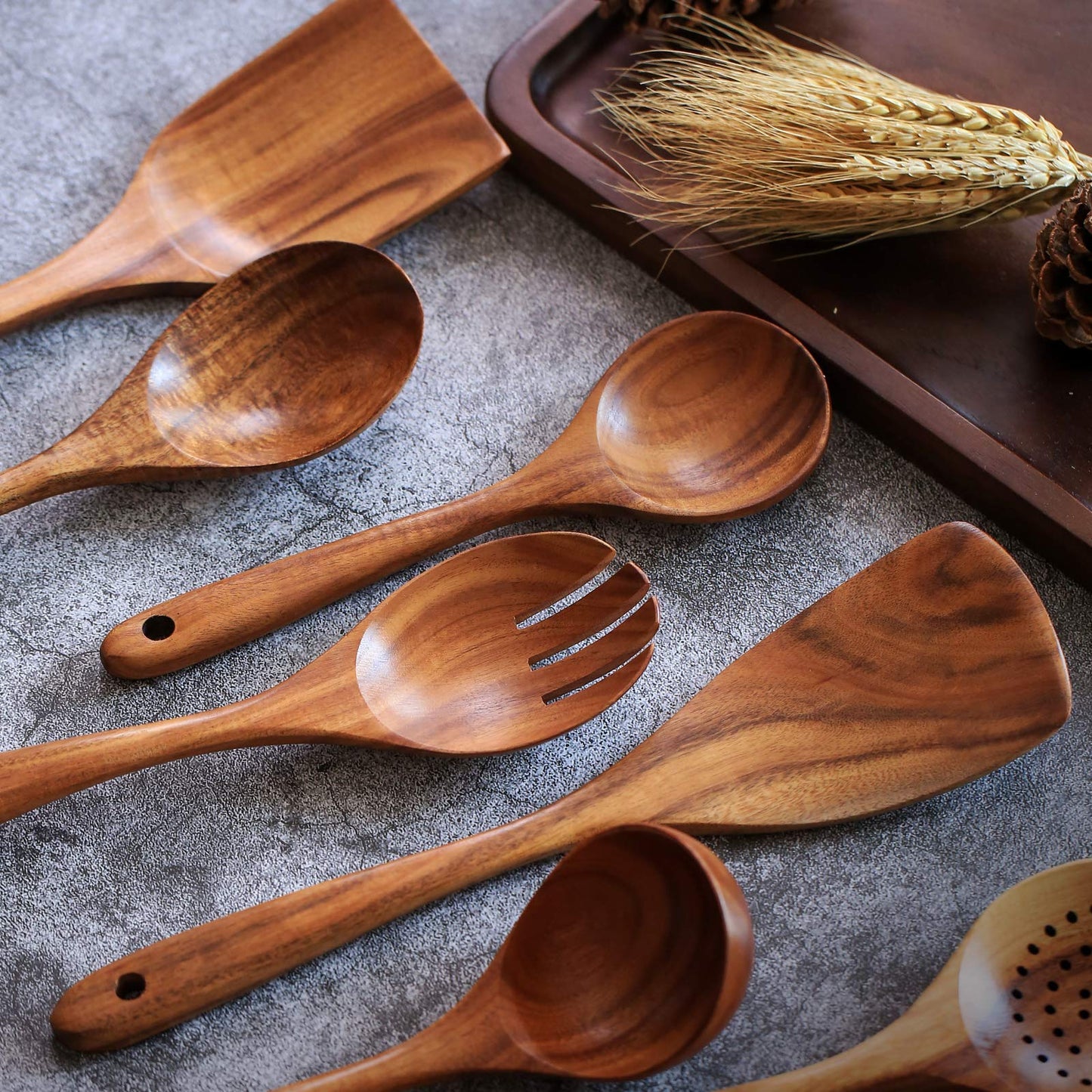 Wooden Non-Stick Kitchen Pan Toolset 7 Pieces Set,100% Natural Teak Kitchen Utensils Spatula, Wooden Cooking Utensils Spoons, Fried Spatula and Salad Fork - WoodArtSupply