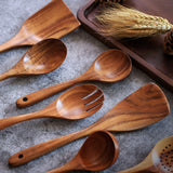 Wooden Non-Stick Kitchen Pan Toolset 7 Pieces Set,100% Natural Teak Kitchen Utensils Spatula, Wooden Cooking Utensils Spoons, Fried Spatula and Salad Fork YYLTJR