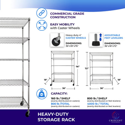 Crescent, Chrome, 36 x 18 x 76, 4000 LBS, Metal Shelves for Storage with Wheels, Ideal for Garage Shelving, 5 Tier Wire Shelving Rack for Kitchen - WoodArtSupply