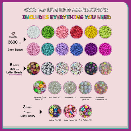 PHODDR 4300pcs Beads Bracelet Making Kit ，Beads for Jewelry Making Kit Supplies, Friendship Bracelet kit， Birthday Christmas Gifts for Girls Ages 5 6 7 8 9 10 11 12 Years Old PHODDR