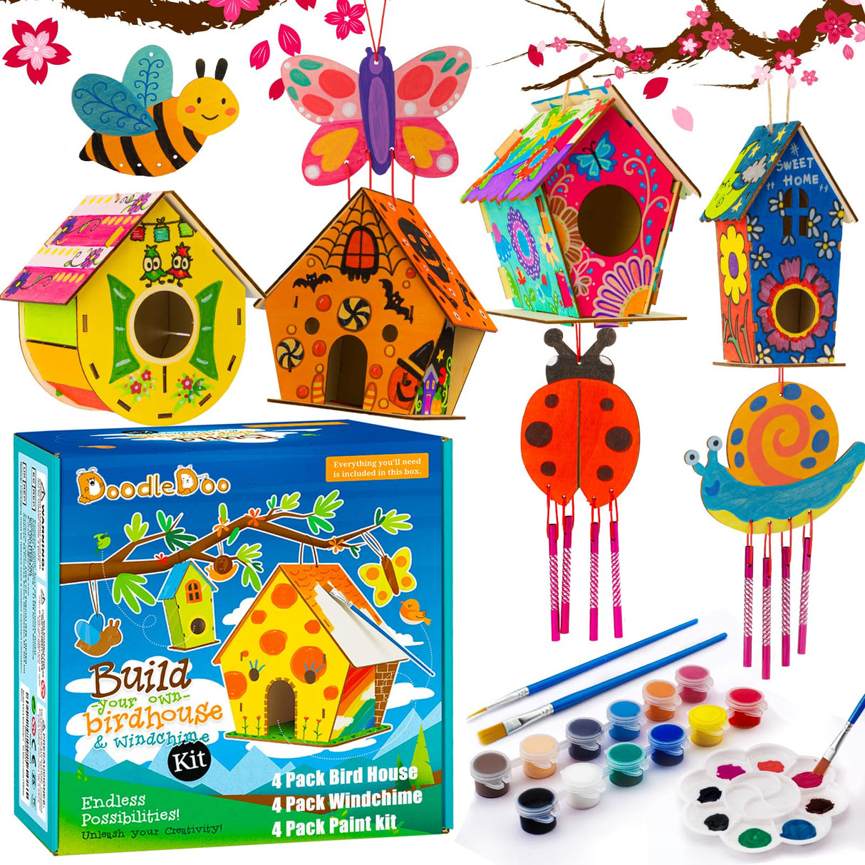 DoodleDoo 8 Pack Bird House & Wind Chime Kits, Buildable Birdhouse DIY Crafts for Kids Ages 4-8 8-12, for Children Boy Girl to Build, 3+ Summer Arts and Craft DoodleDoo