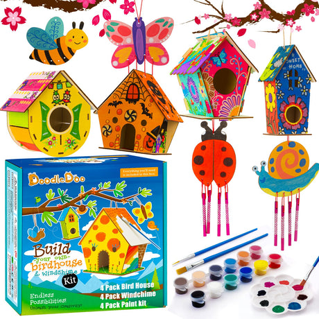 DoodleDoo 8 Pack Bird House & Wind Chime Kits, Buildable Birdhouse DIY Crafts for Kids Ages 4-8 8-12, for Children Boy Girl to Build, 3+ Summer Arts and Craft DoodleDoo